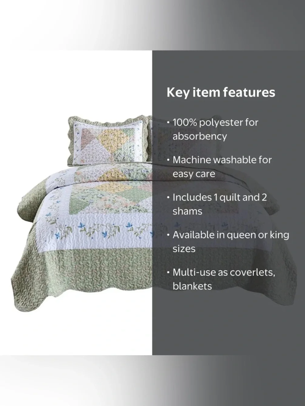 Floral Patchwork Green and White queen 3 piece Quilted Bedding Set